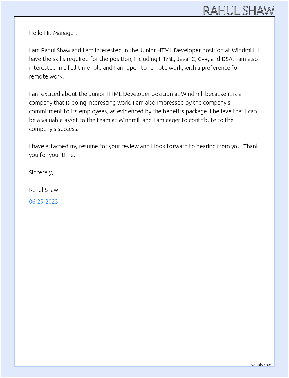 Junior HTML Developer At Windmill Cover Letter