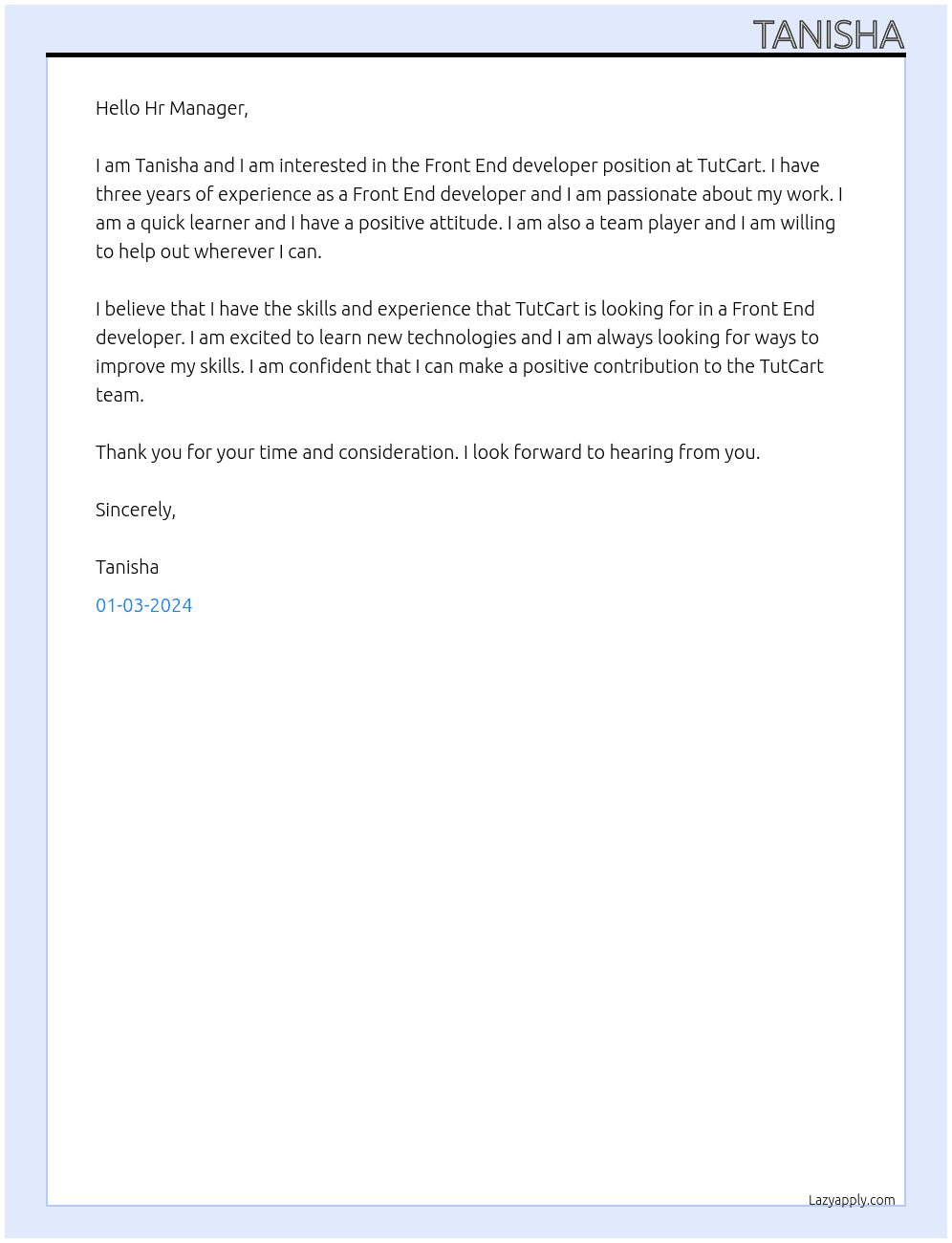 Front End developer At TutCart Cover Letter
