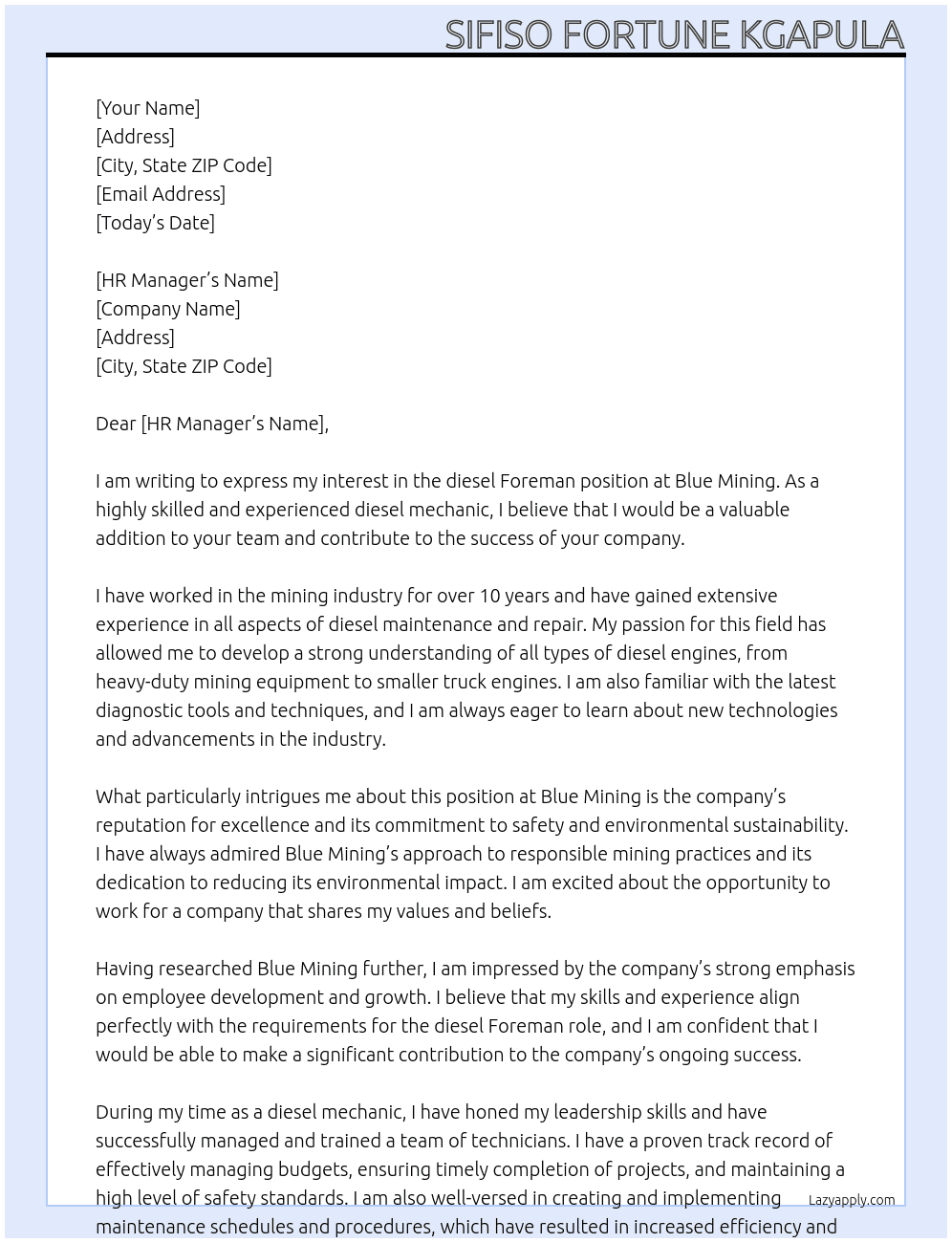 diesel Foreman At blue Mining Cover Letter