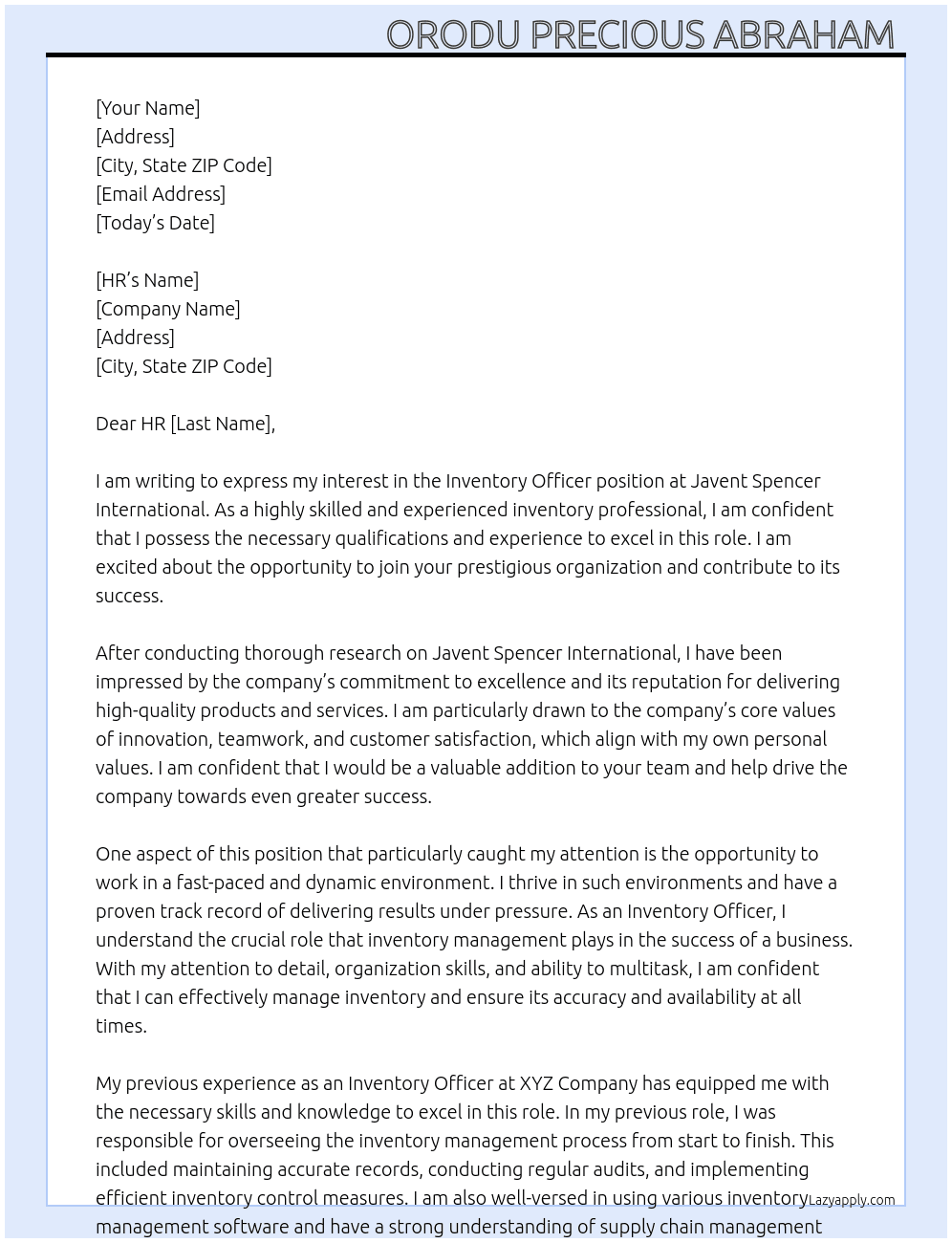 Inventory Officer  At Javent Spencer international  Cover Letter