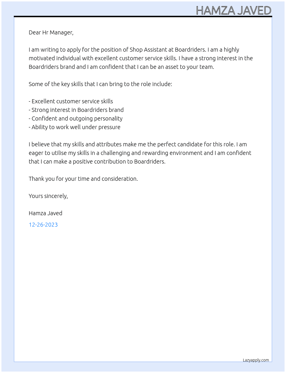 Shop Assistant At Boardriders Cover Letter