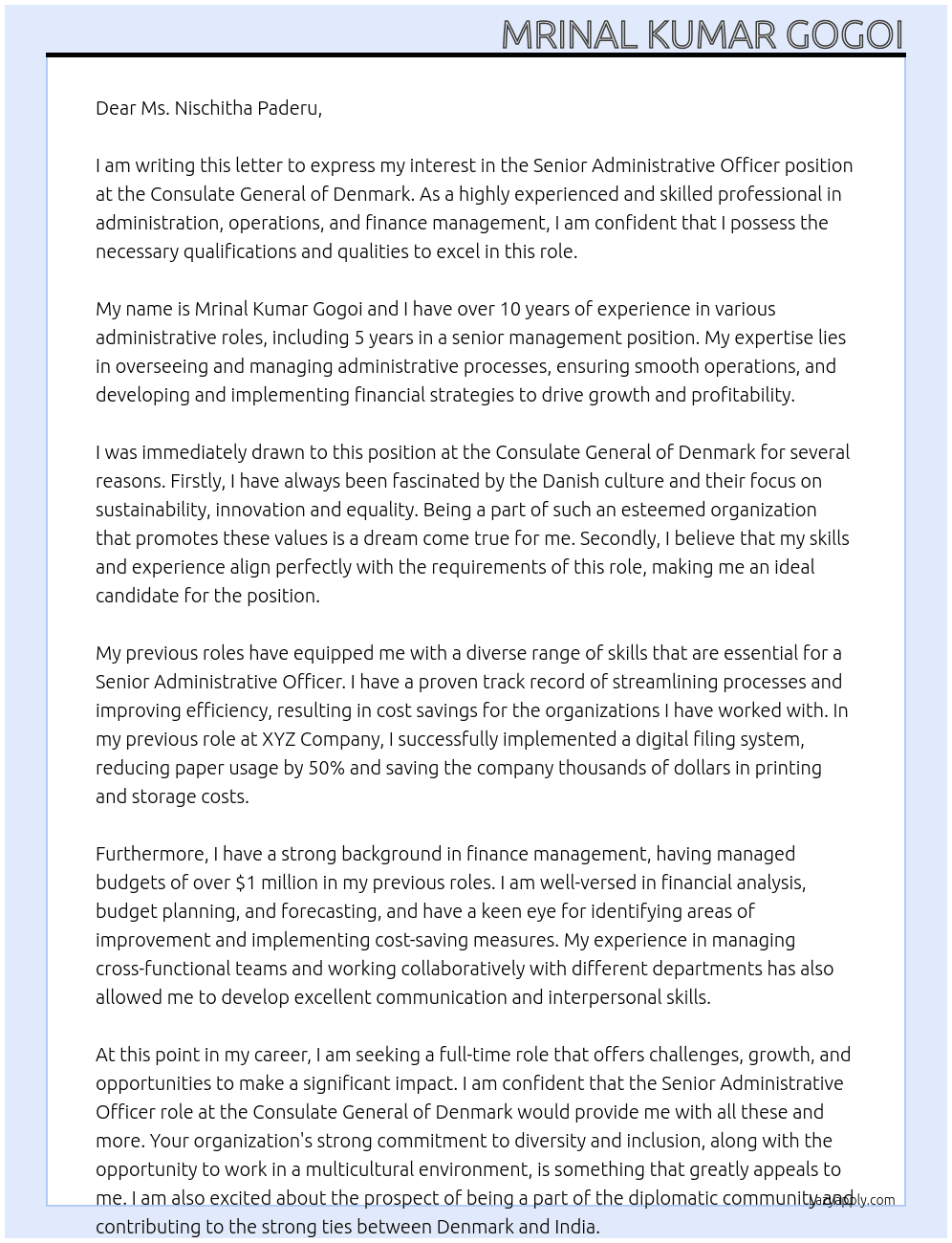 Senior Administrative officer At Consulate genral of Denmark Cover Letter