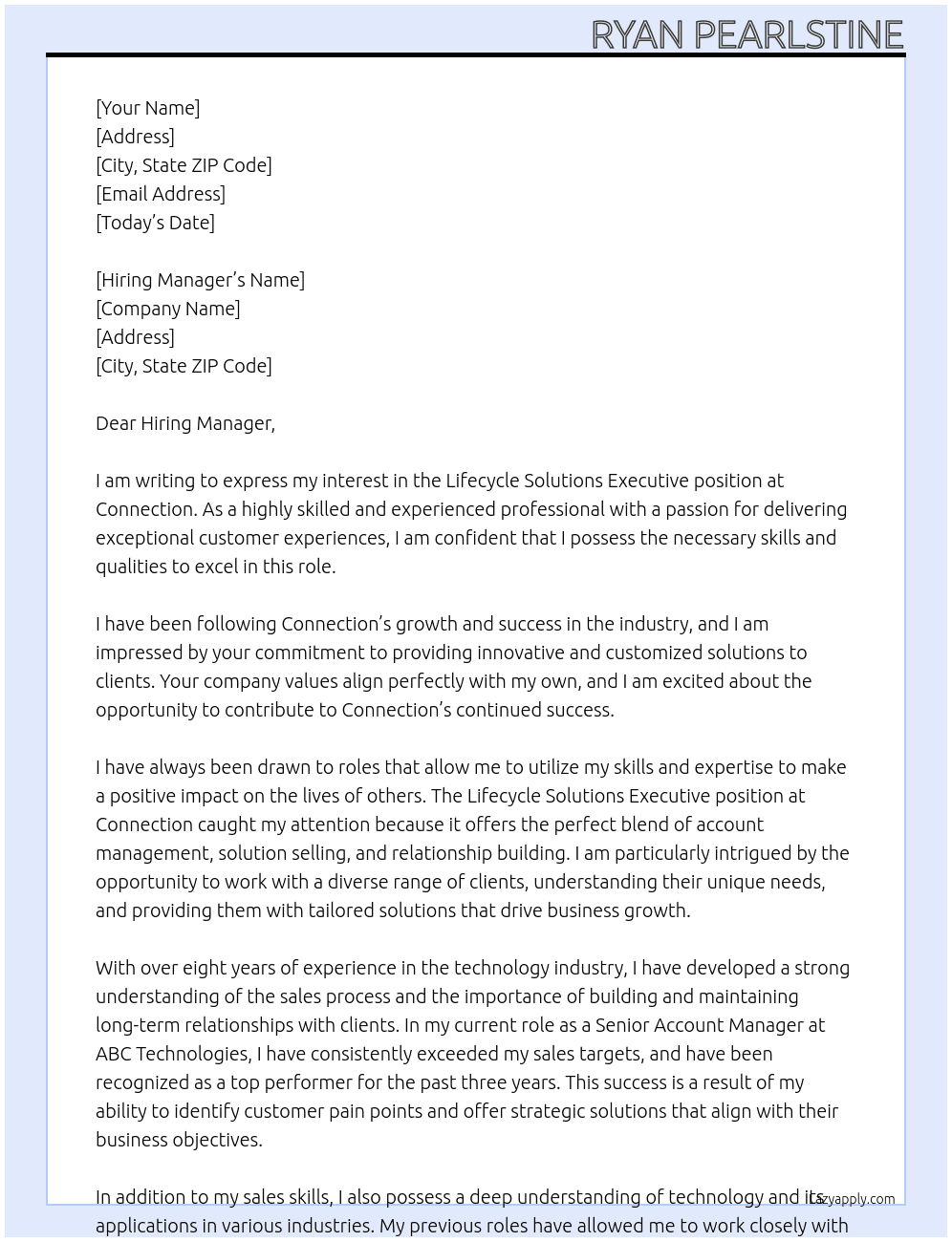 Lifecycle Solutions Executive At Connection Cover Letter