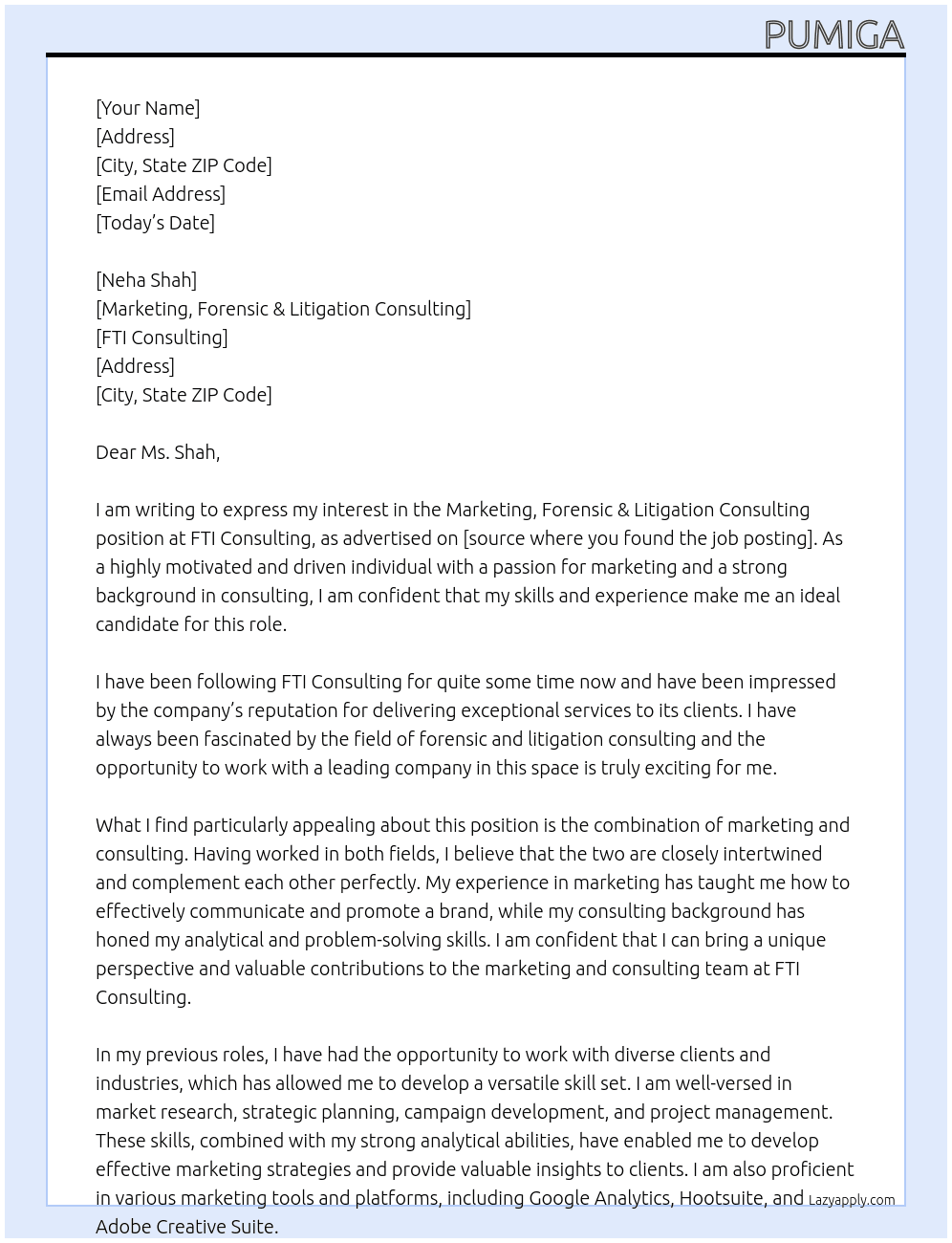 Marketing, Forensic & Litigation Consulting At FTI Consulting Cover Letter