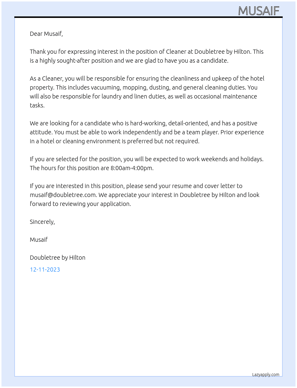 Cleaner At Doubletree by Hilton  Cover Letter