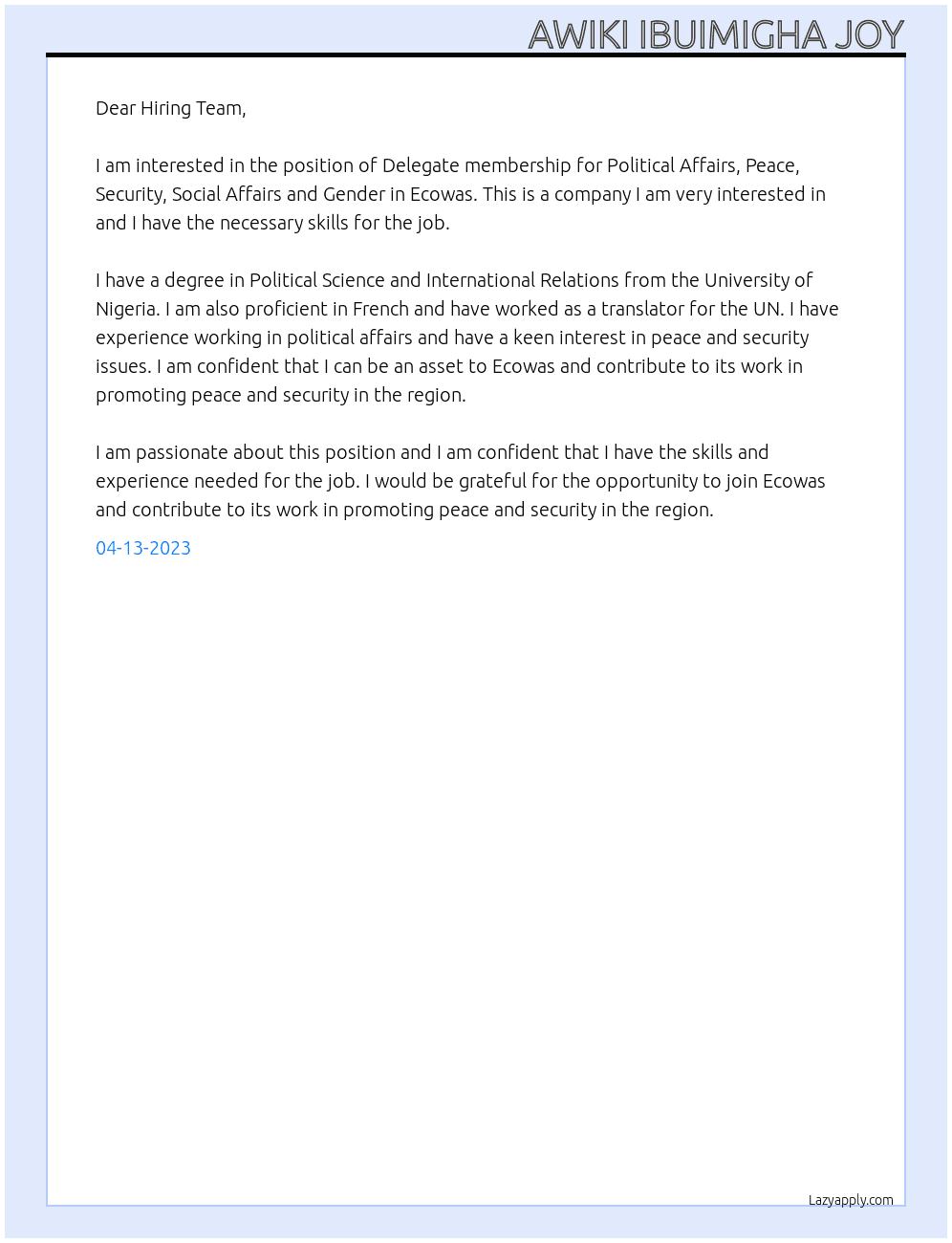 Delegate membership for Political Affairs, Peace, Security, Social Affairs and Gender in Ecowas At Ecowas  Cover Letter