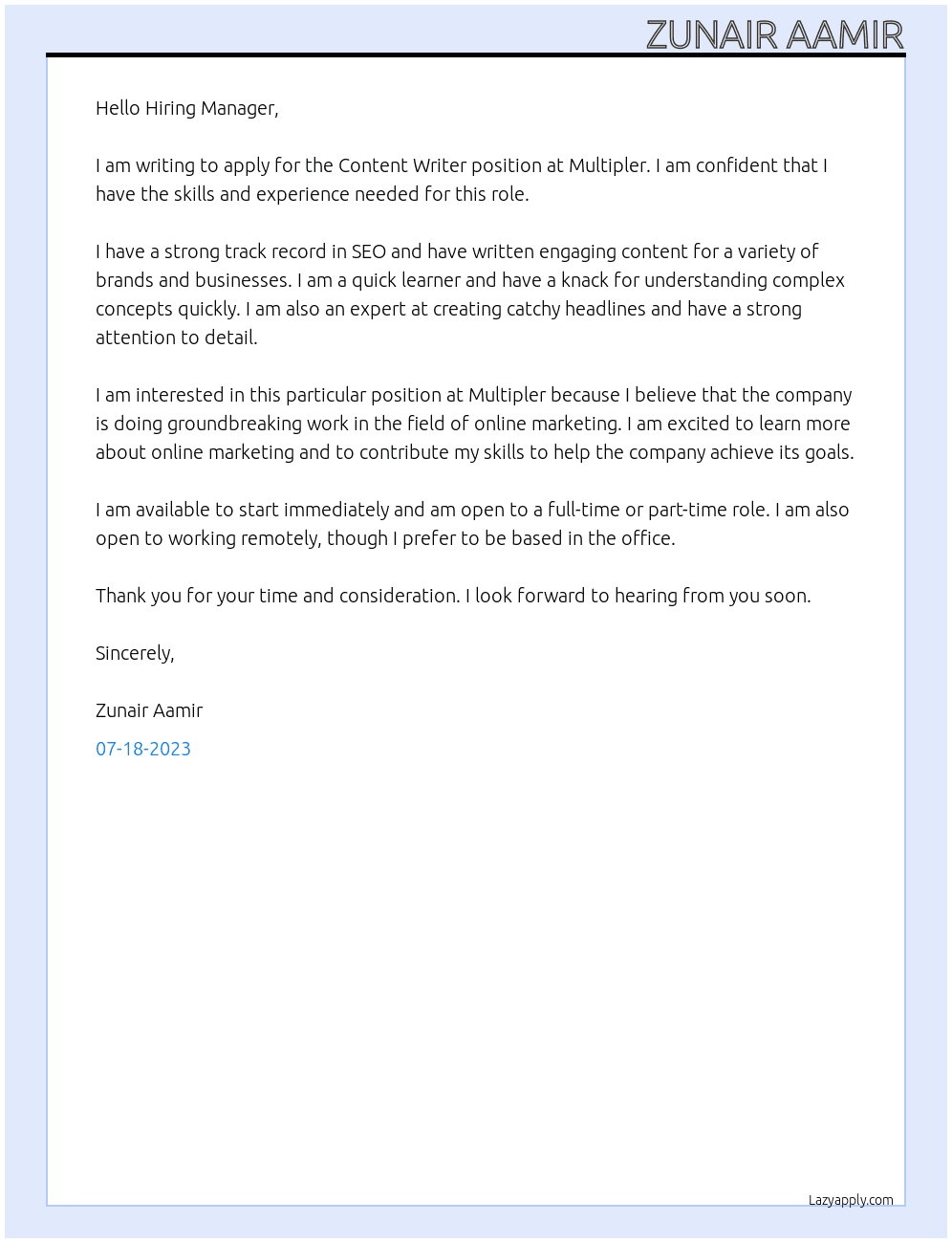 Content Writer At Multipler Cover Letter