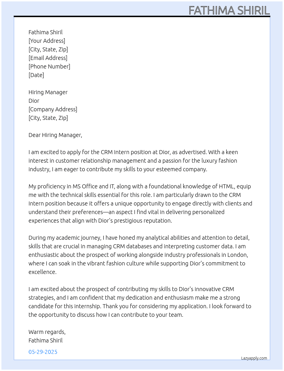 CRM intern at Dior  At Dior  Cover Letter