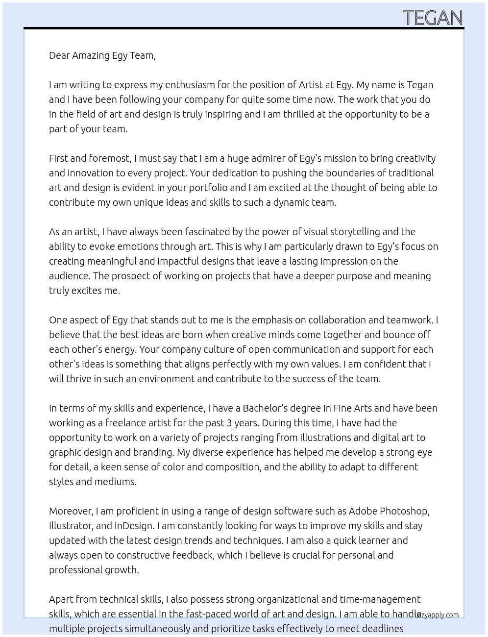 artist At eugy Cover Letter