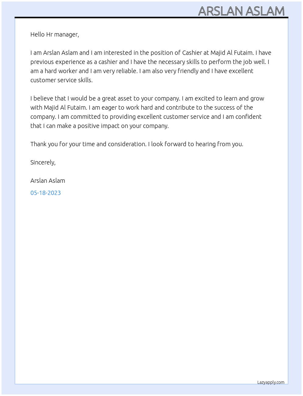 Cashier  At Majid Al Futaim Cover Letter