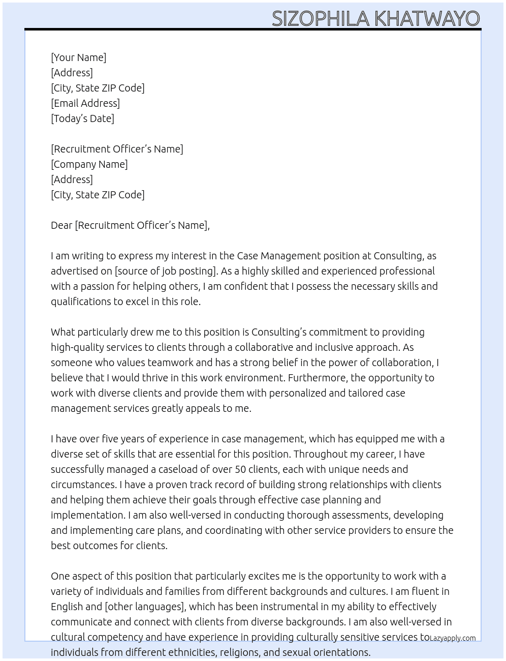 Case Management  At Consulting  Cover Letter