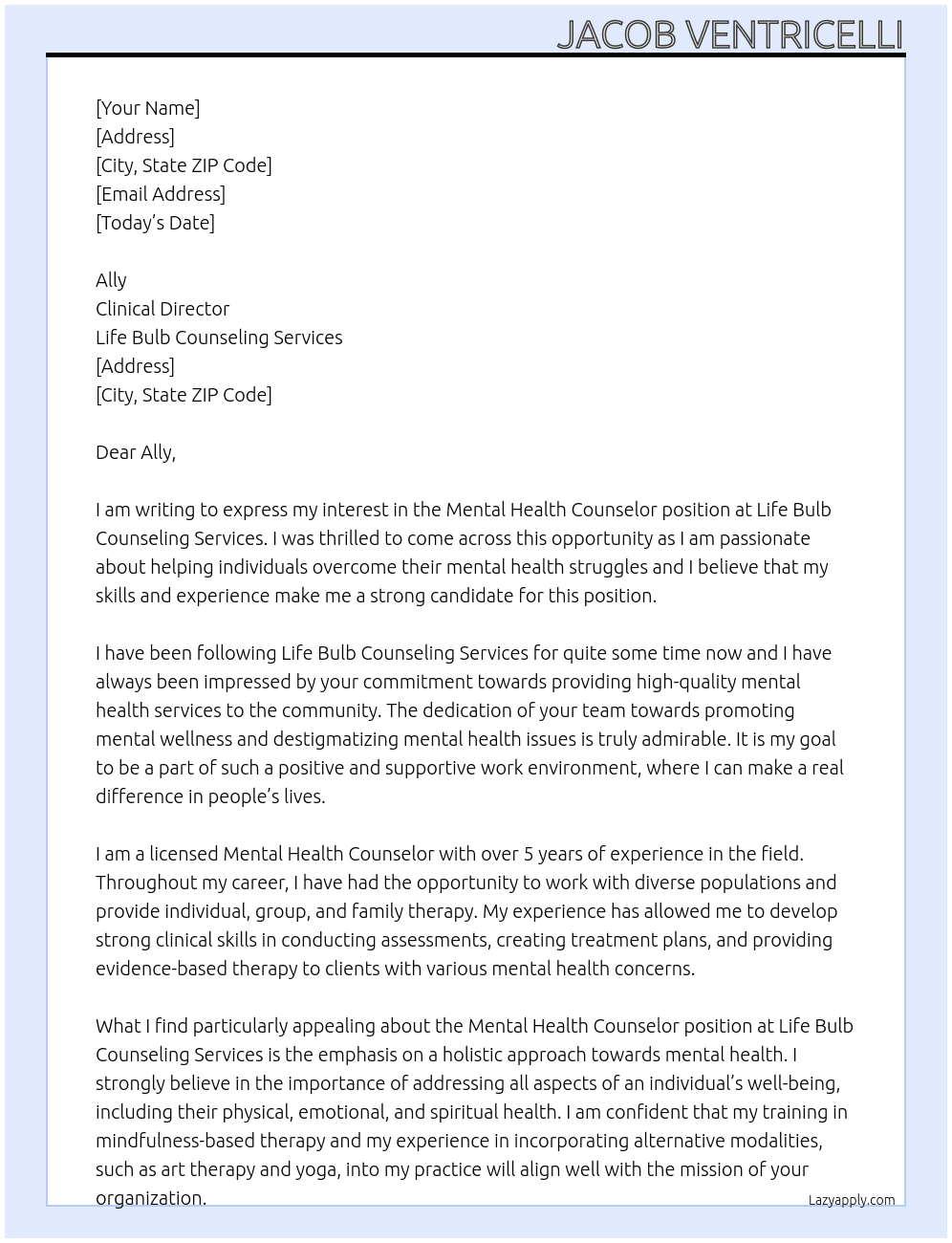 Mental Health Counselor  At Life Bulb Counseling Services  Cover Letter