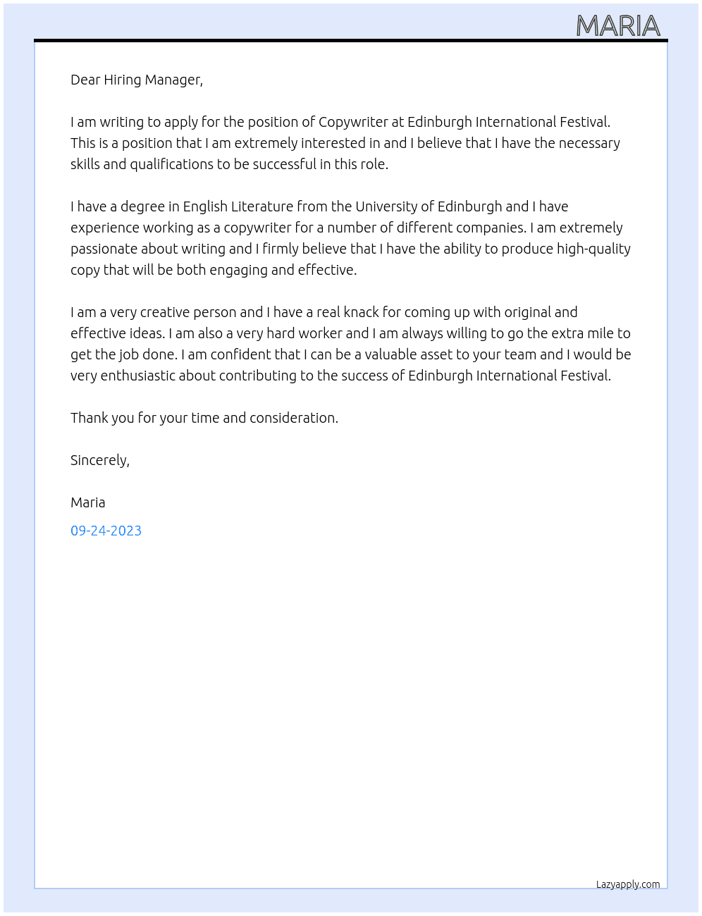 Copywriter At Edinburgh International Festival Cover Letter