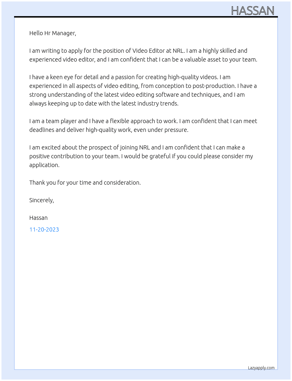 Video Editor At NRL Cover Letter
