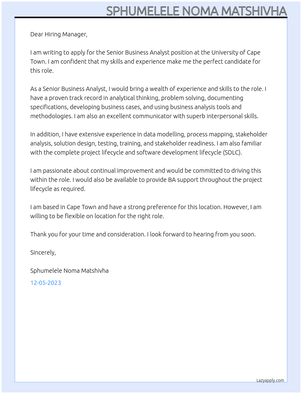 Senior Business Analyst At University of Cape Town Cover Letter