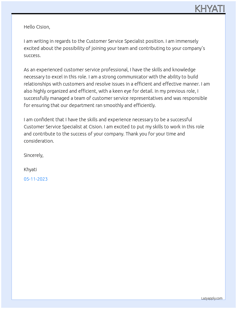 Customer Service Specialist  At Cision Cover Letter