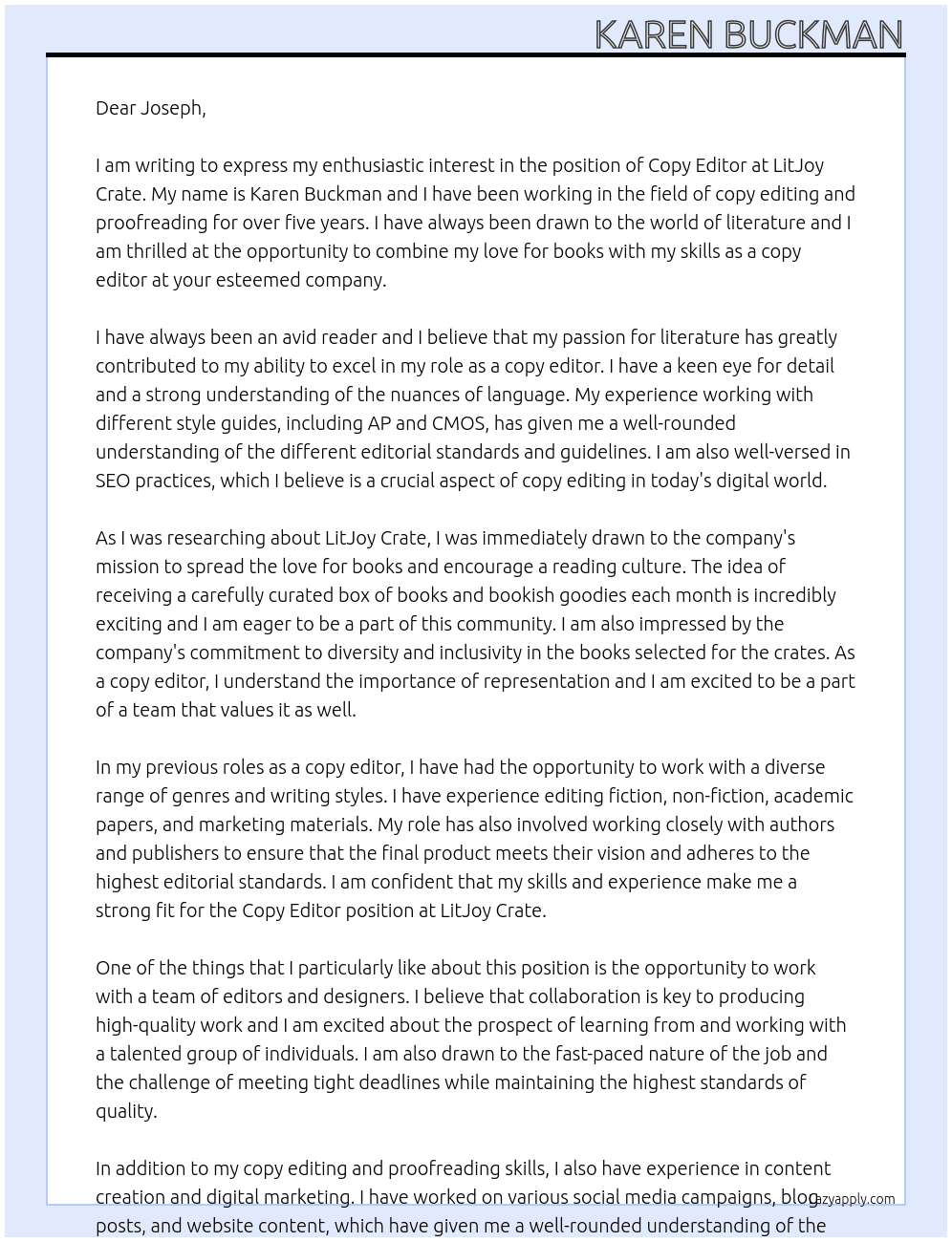 Copy Editor At LitJoy Crate Cover Letter