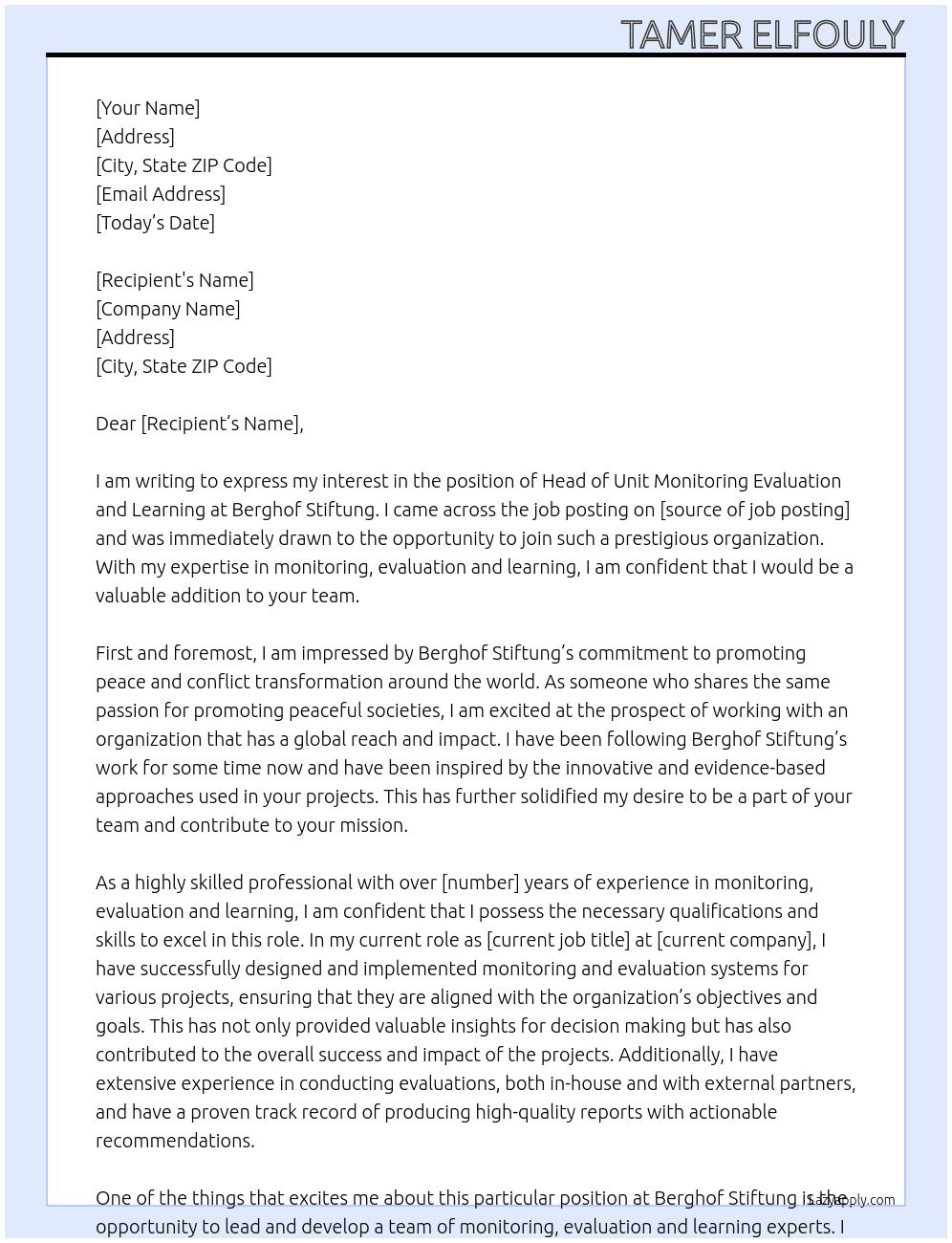 Head of Unit Monitoring Evaluation and Learning At Berghof Stiftung Cover Letter