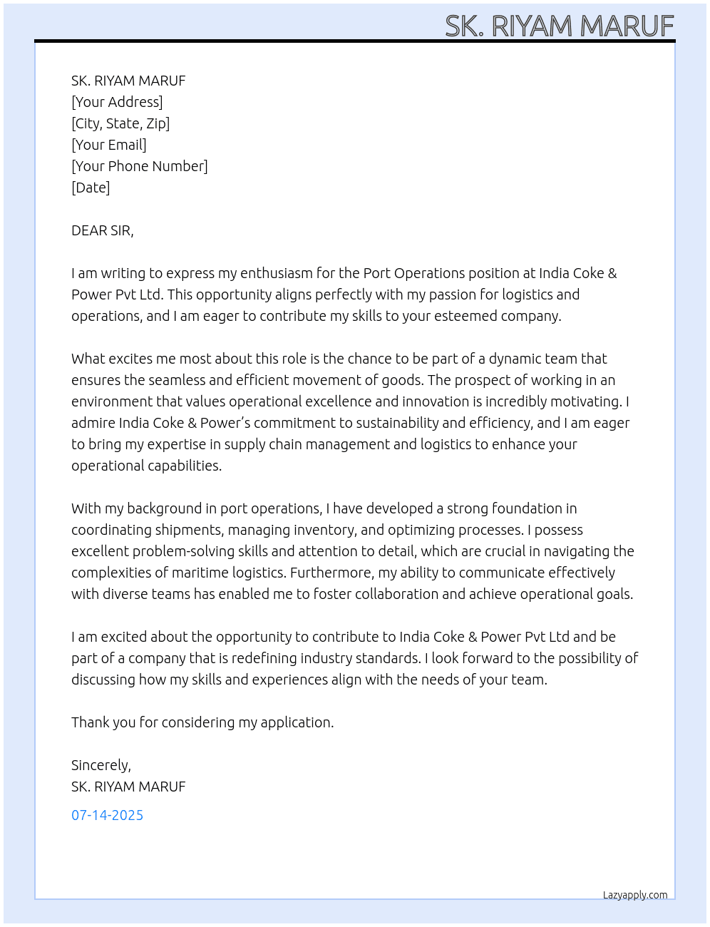 PORT OPERATIONS At India Coke & Power Pvt Ltd Cover Letter