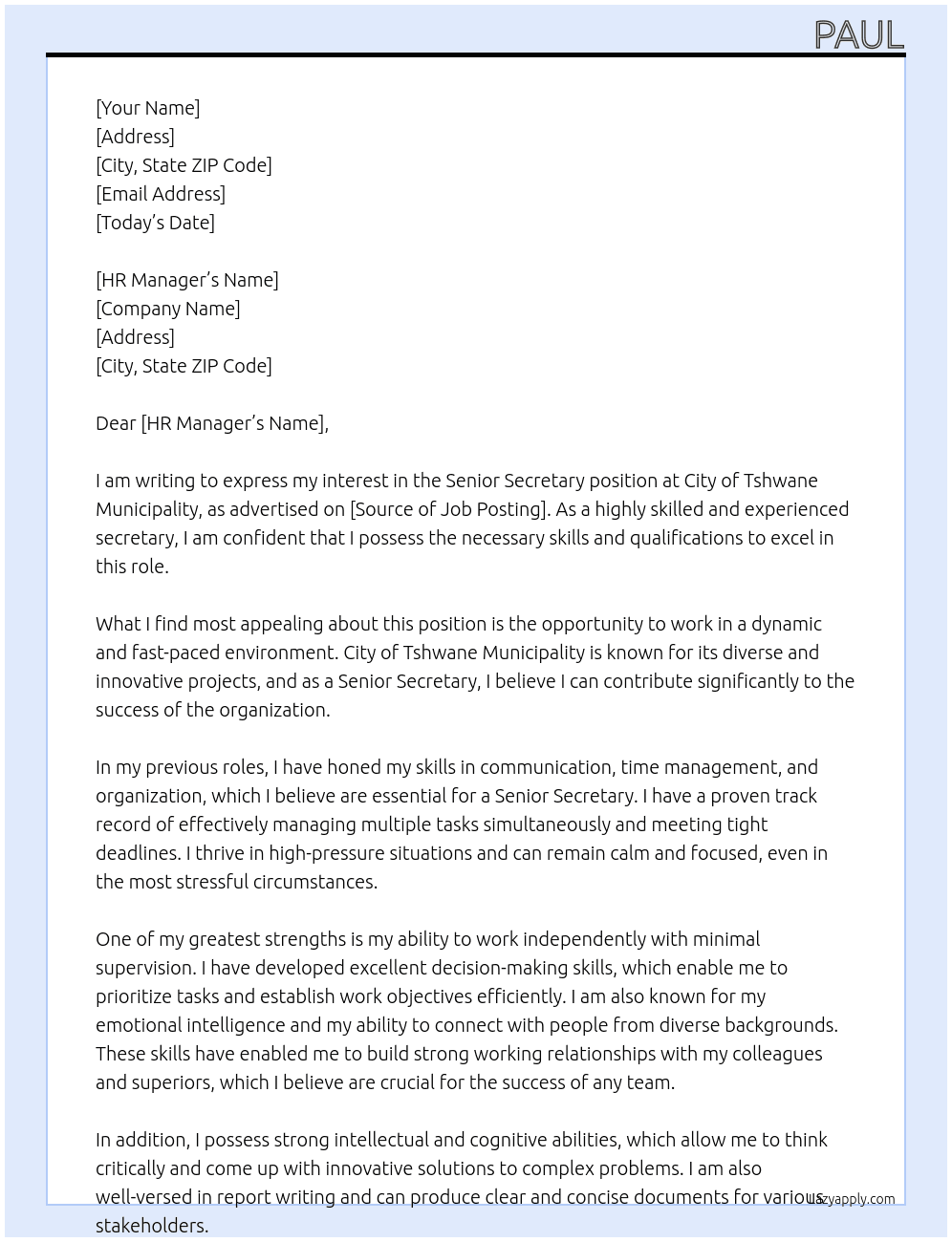 Senior Secretary At City of Tshwane Municipality Cover Letter