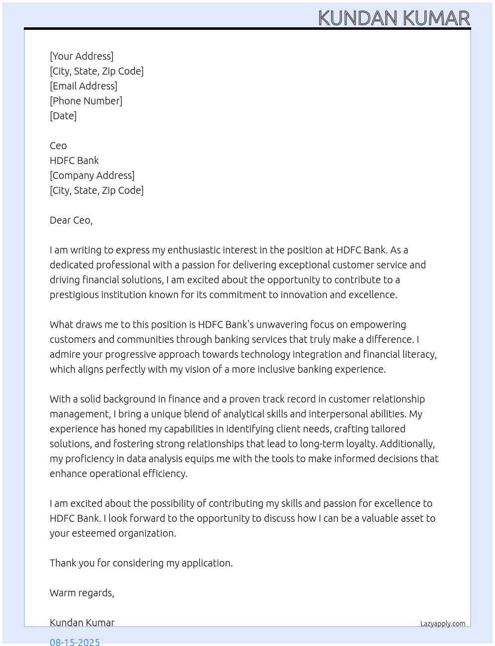 HDFC Bank  At HDFC  Cover Letter