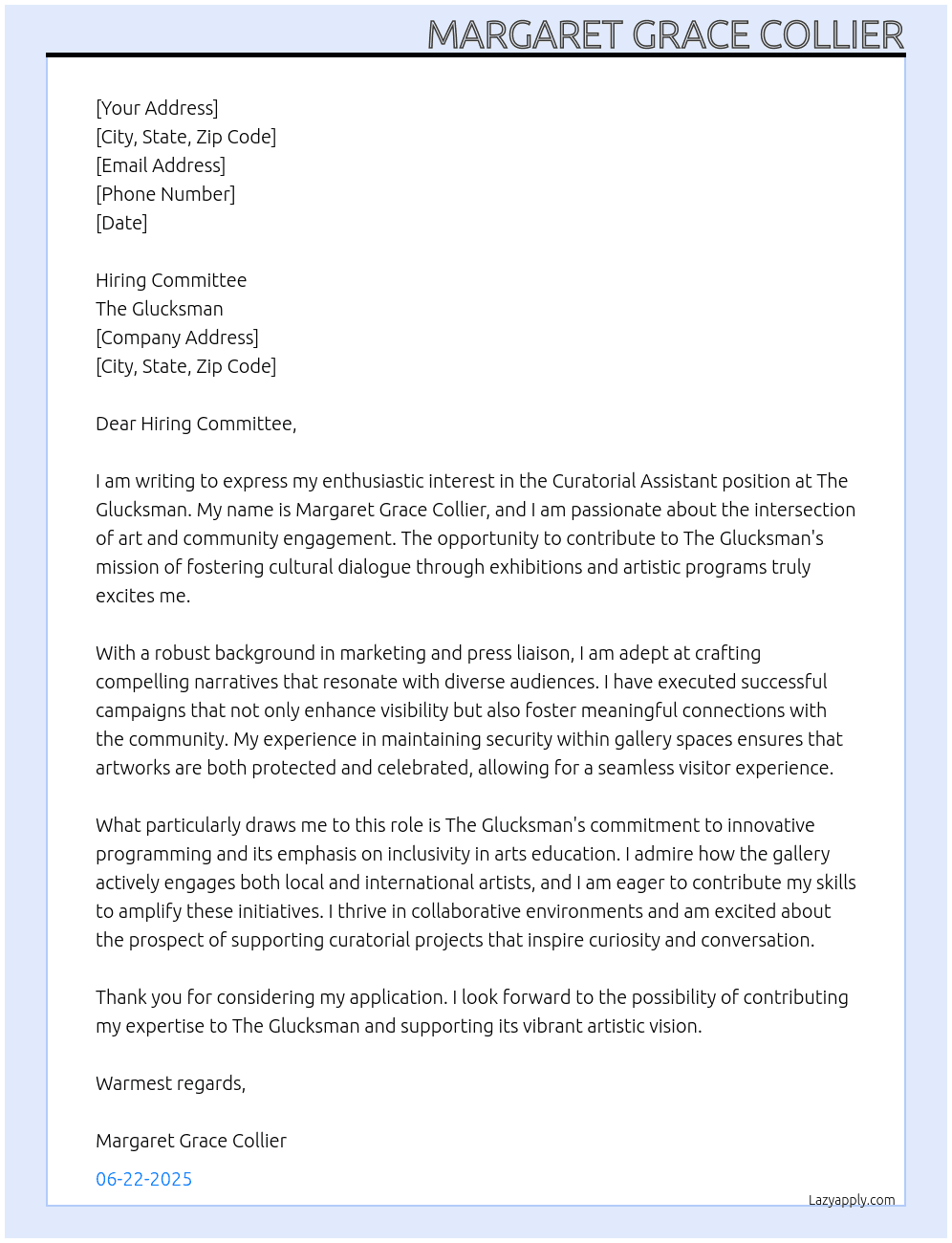 Curatorial Assistant At The Glucksman Cover Letter