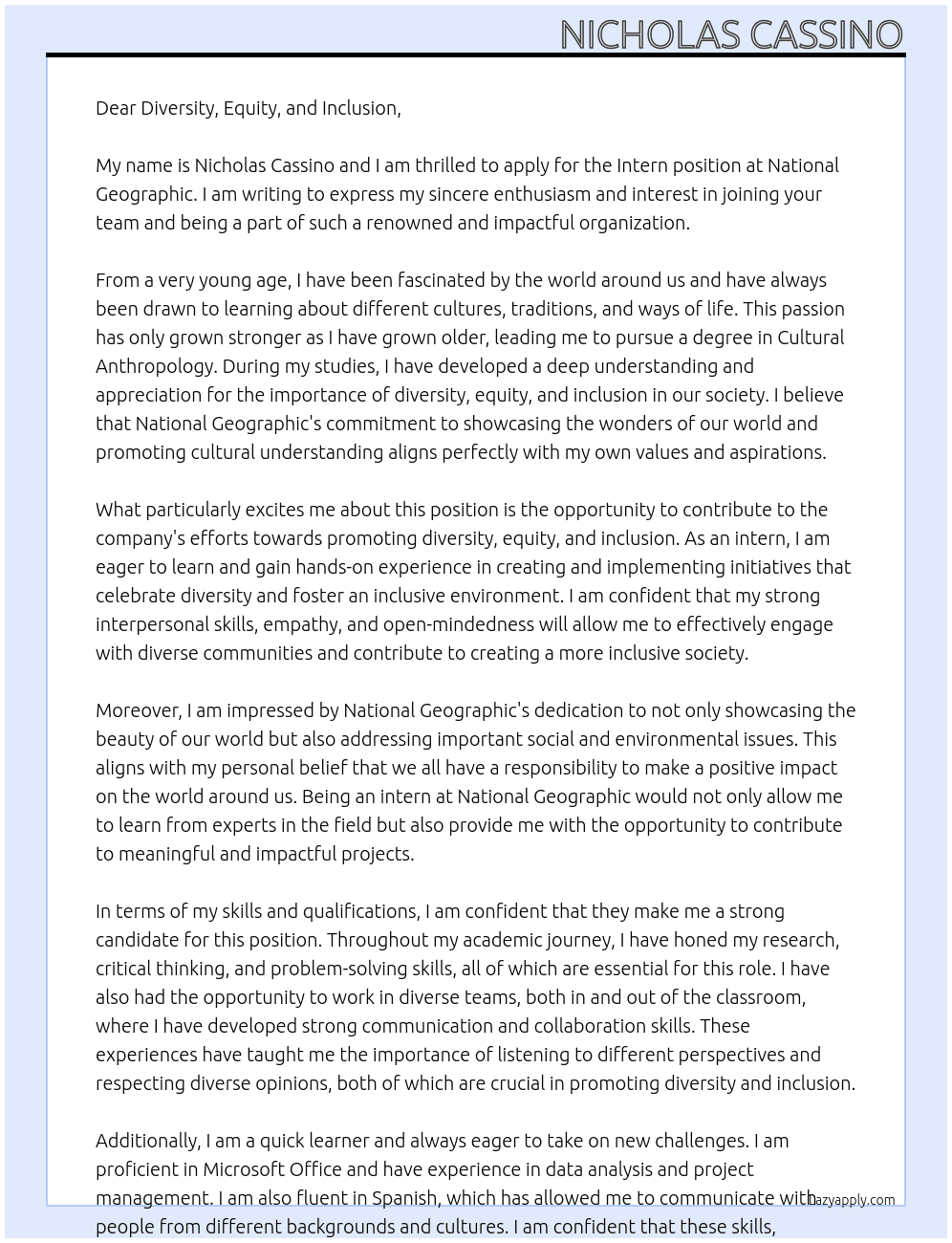 Intern  At National Geographic  Cover Letter