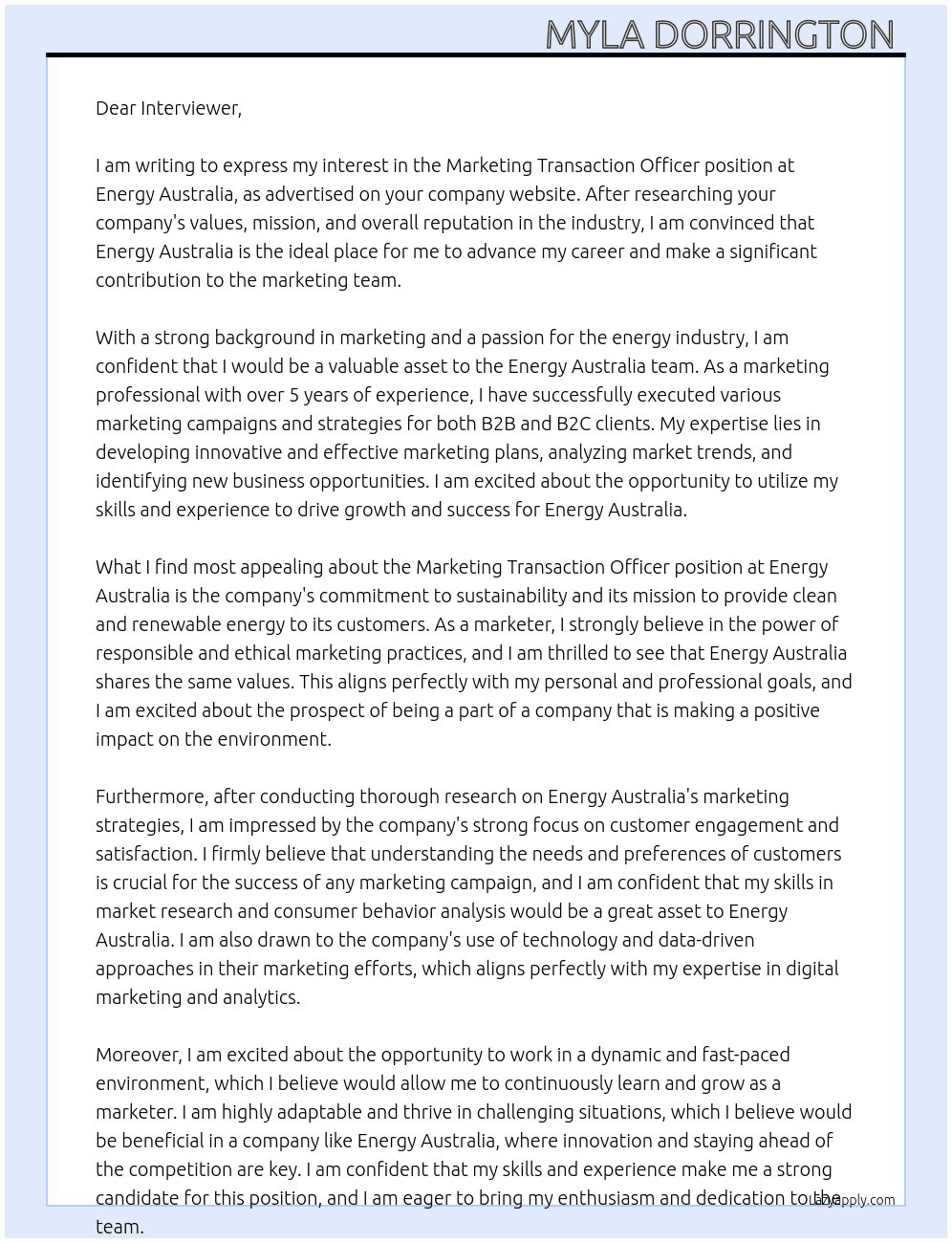 Marketing transaction officer At Energy Australia  Cover Letter