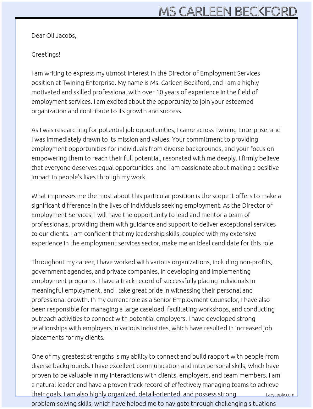 Director of Employment Services At Twining Enterprise Cover Letter