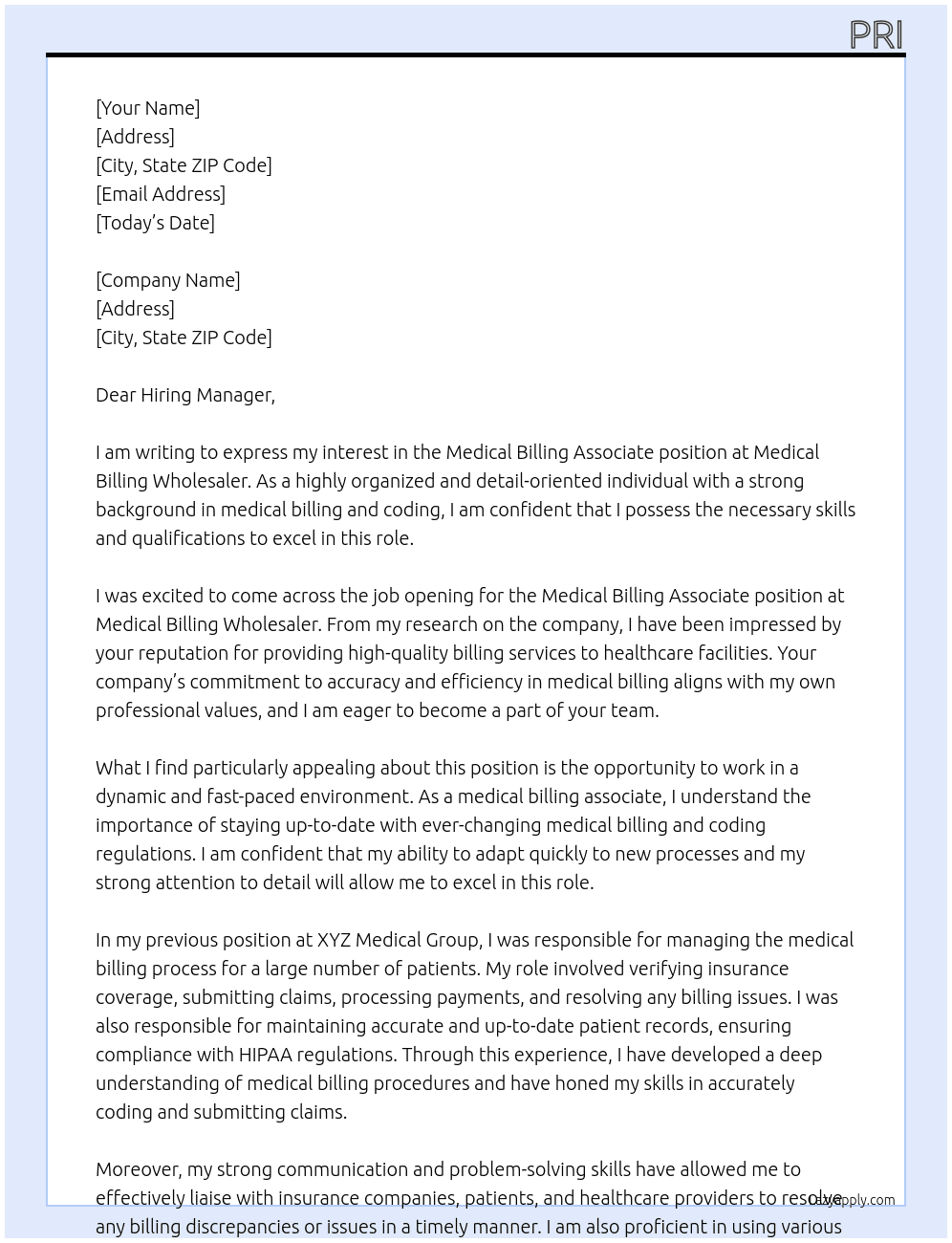 Medical Billing Associate At Medical Billing Wholesaler Cover Letter