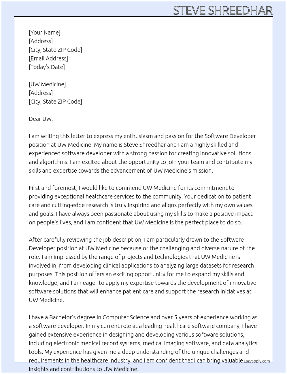 Software Developer At UW medicine Cover Letter