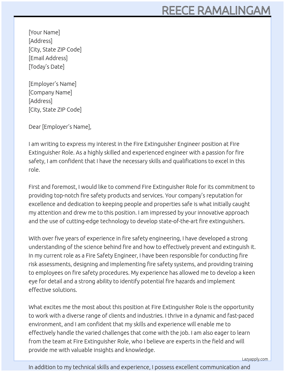 Fire Extinguisher Engineer At Fire Extinguisher Role Cover Letter