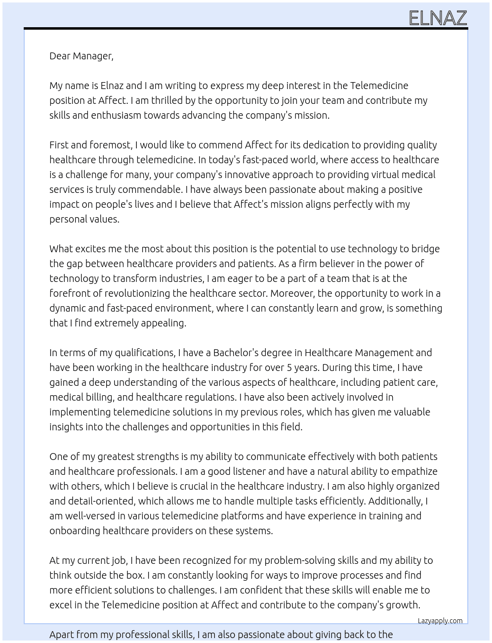 tele medicine At Affect Cover Letter
