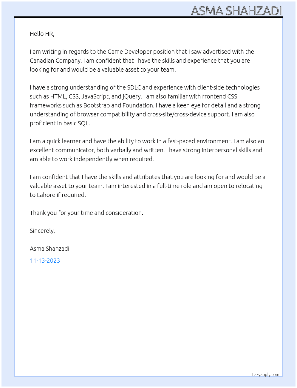 Game Developer At Canadian Company Cover Letter