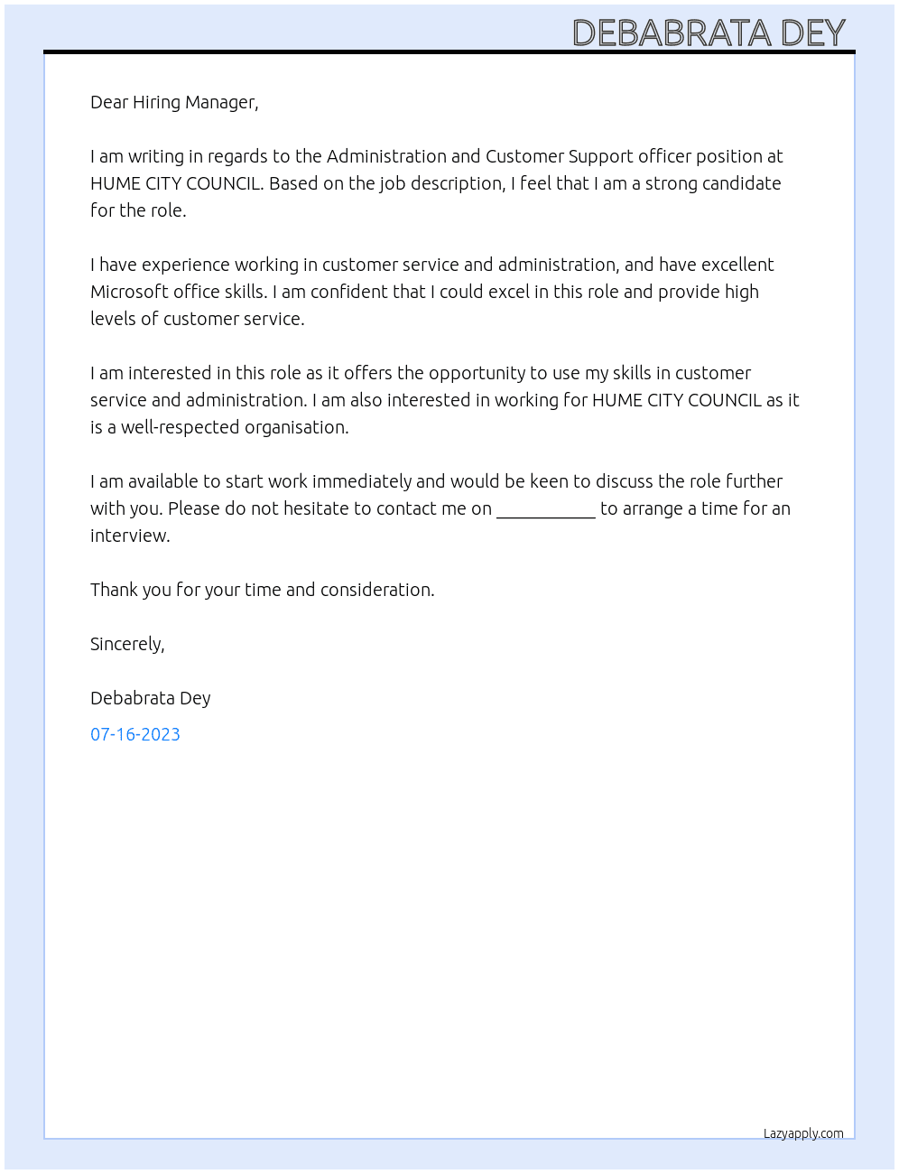 Administration and Customer Support officer  At HUME CITY COUNCIL  Cover Letter
