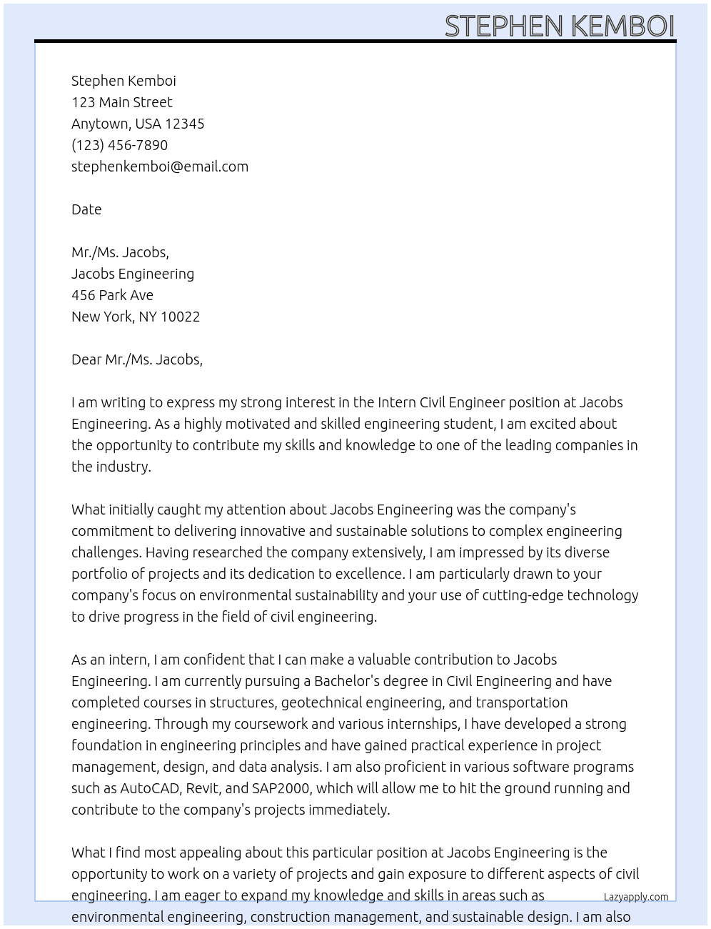 Intern Civil Engineer At Jacobs Engineering Cover Letter