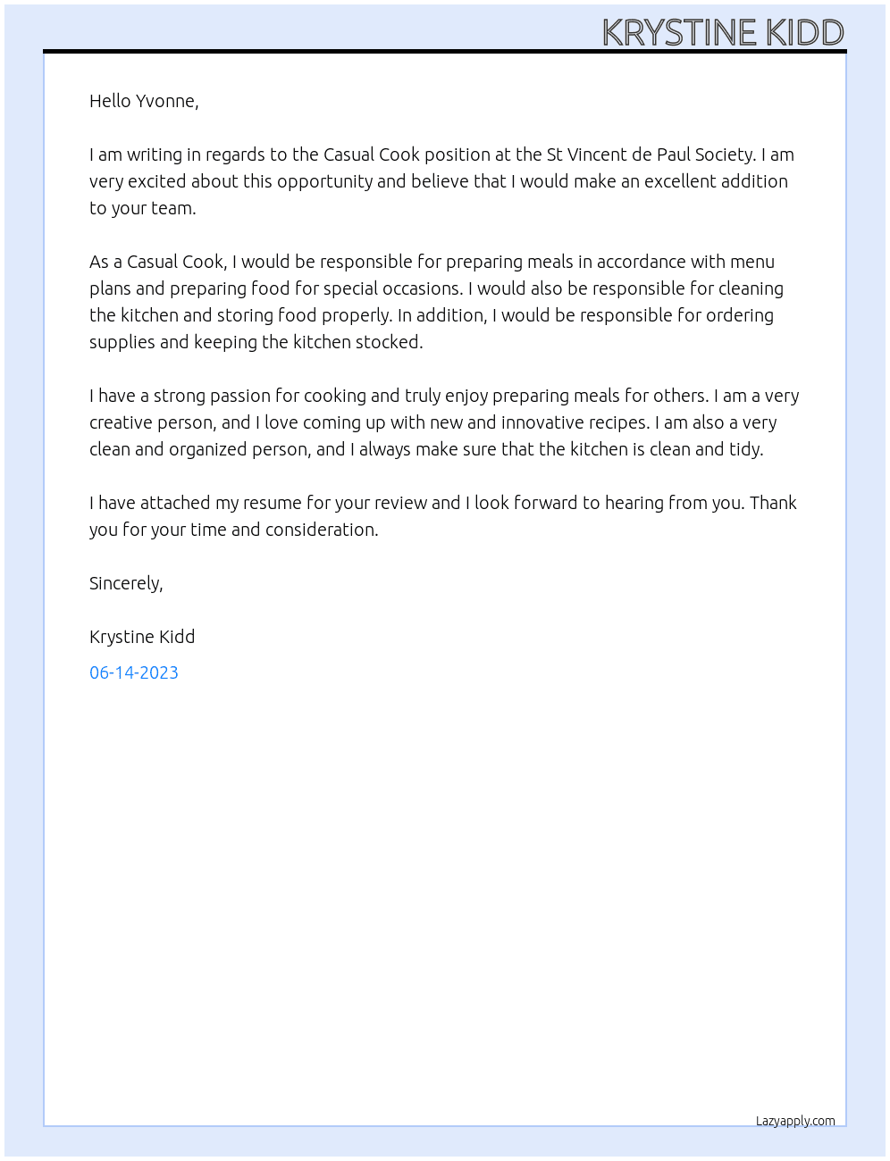  Casual Cook At St Vincent de Paul Society Cover Letter