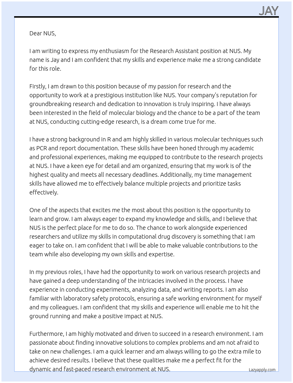 research assisstant At NUS  Cover Letter