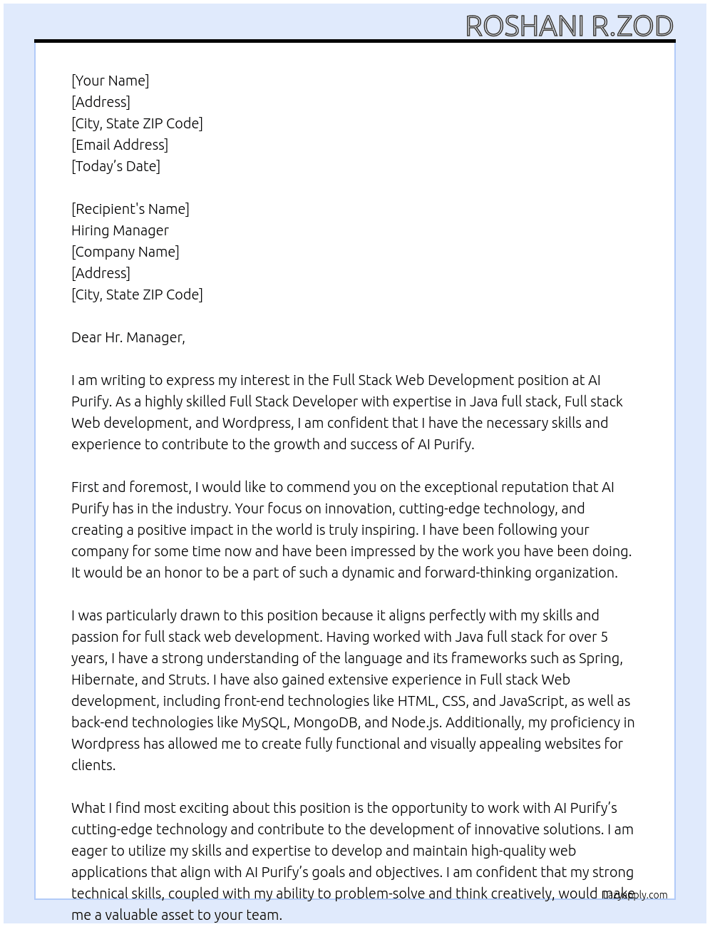 Full stack web development (wordpress) At AI Purify Cover Letter
