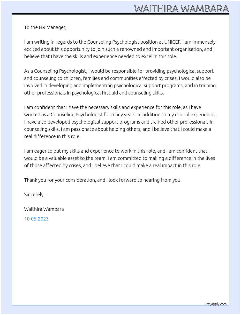 Counseling Psychologist At UNICEF Cover Letter