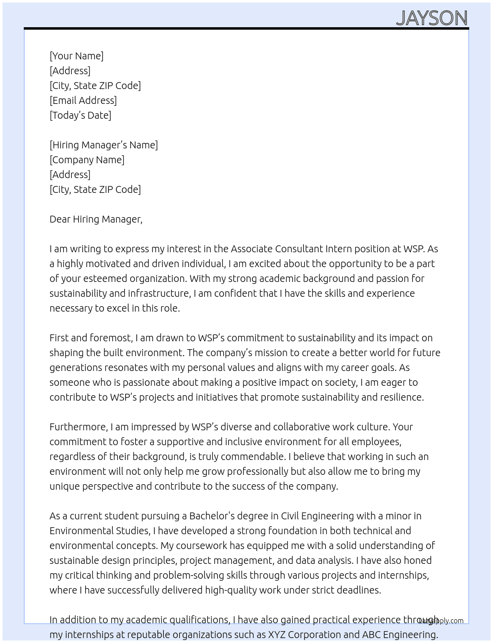Associate Consultant Intern At WSP Cover Letter