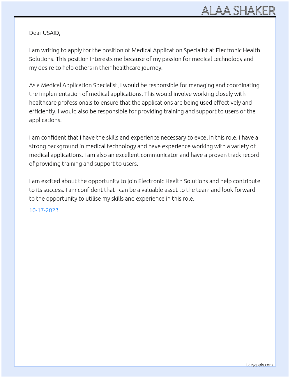 Medical application specialist At Electronic health solution Cover Letter