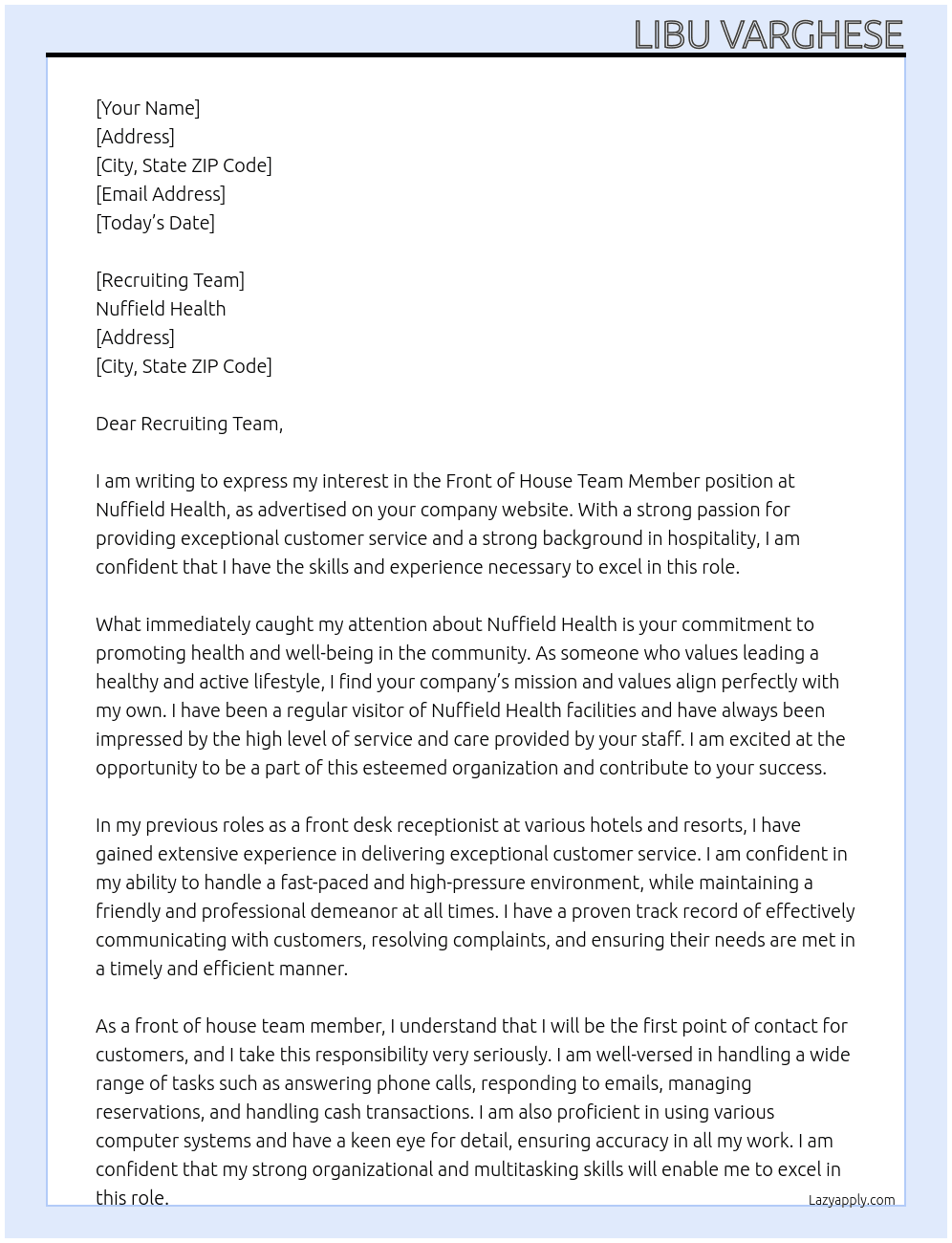 Front of house team member  At Nuffield Health  Cover Letter