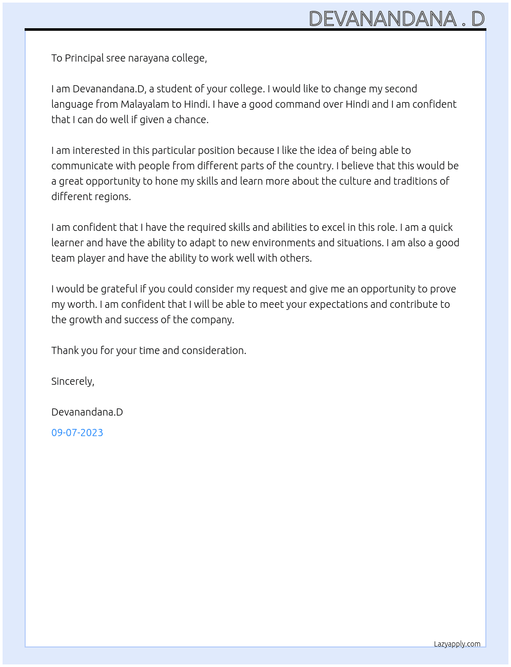 Student At To change second language from malayalam to hindi Cover Letter
