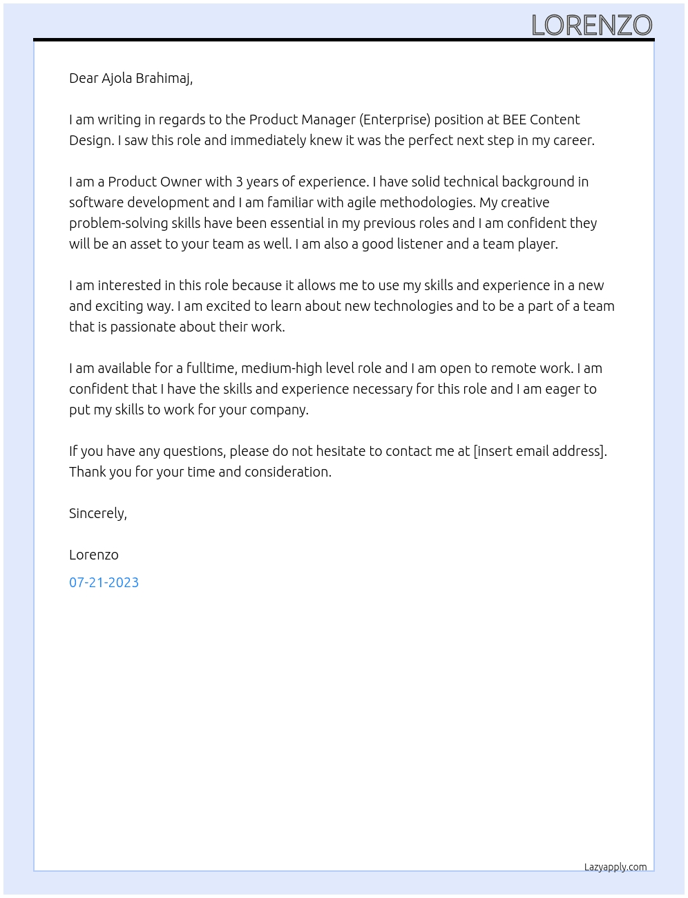 Product Manager (Enterprise) At BEE Content Design Cover Letter