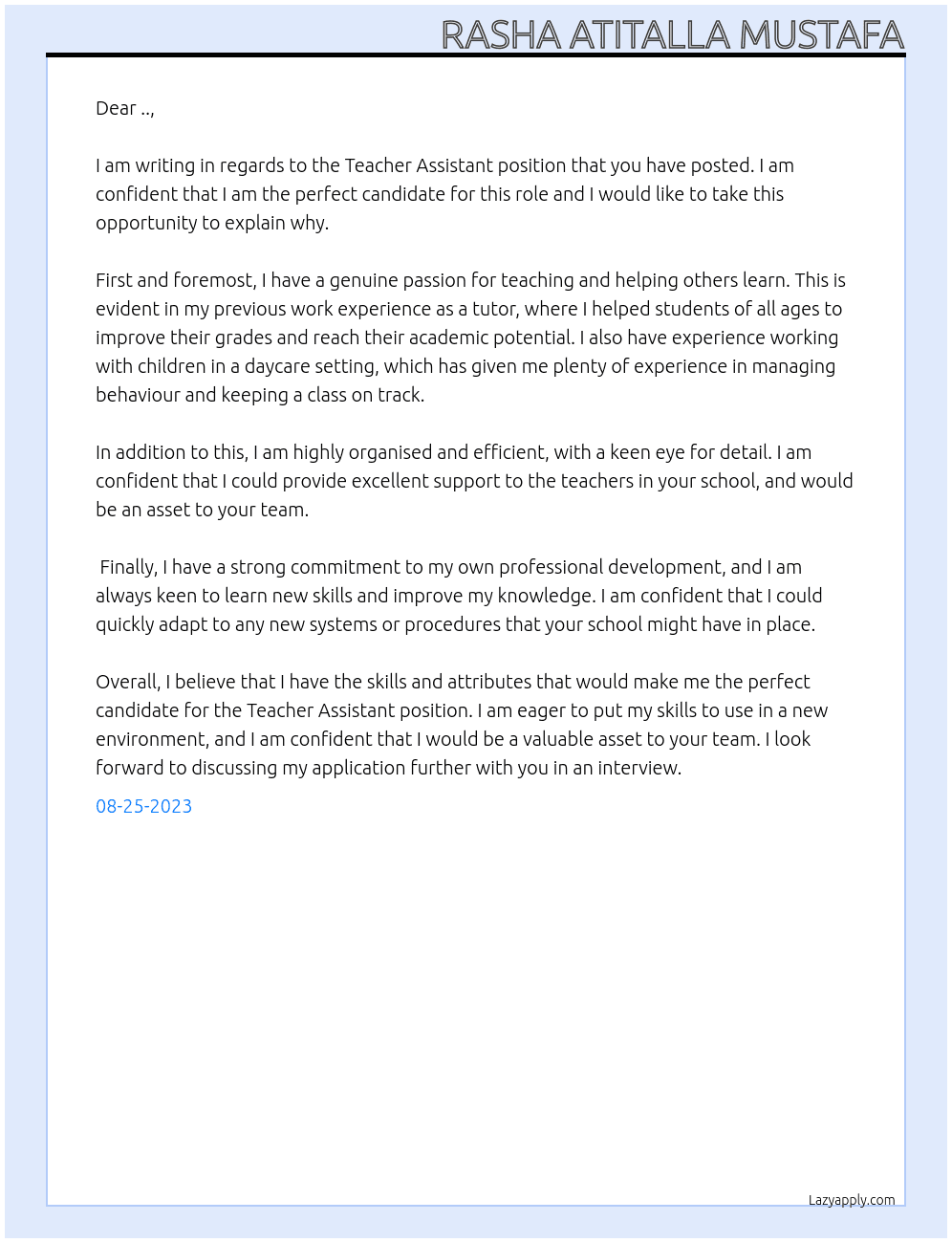 Teacher Assistant At .. Cover Letter