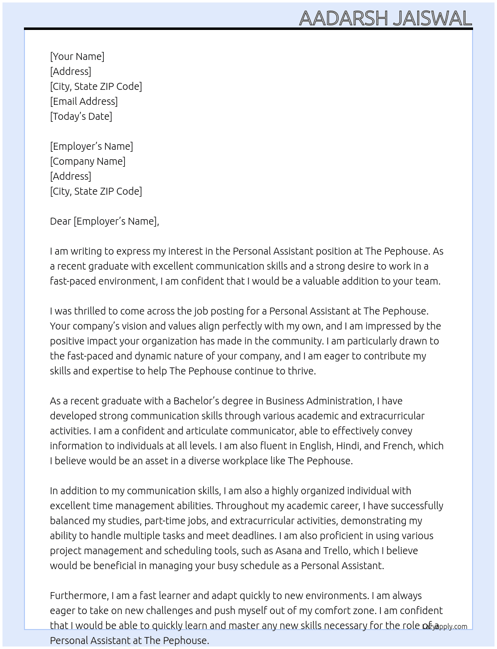 Personal assistant  At The pephouse  Cover Letter