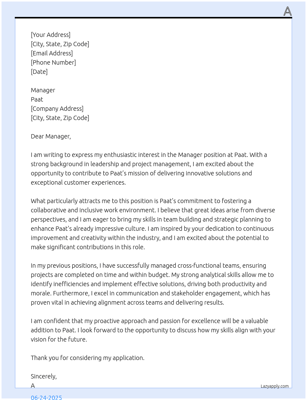 manager  At Paat Cover Letter