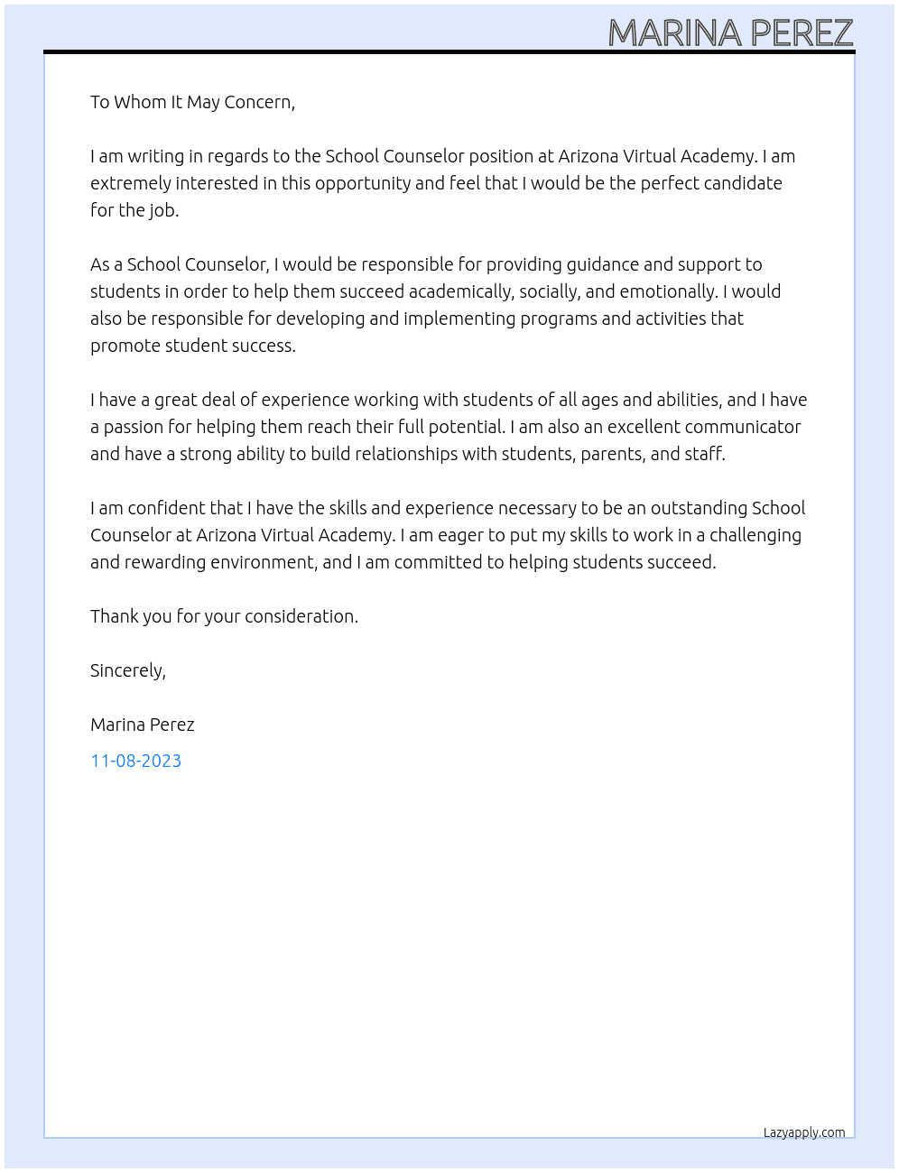 School Counselor At Arizona Virtual Academy Cover Letter