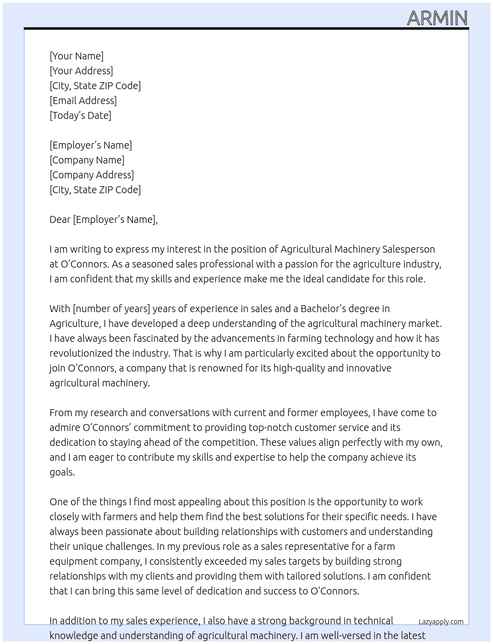 agricultural machinery salesperson At O’Connors Cover Letter